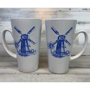Marketplace Blue Windmill Coffee Mugs 16 oz White Ceramic Dutch Style Set of 2